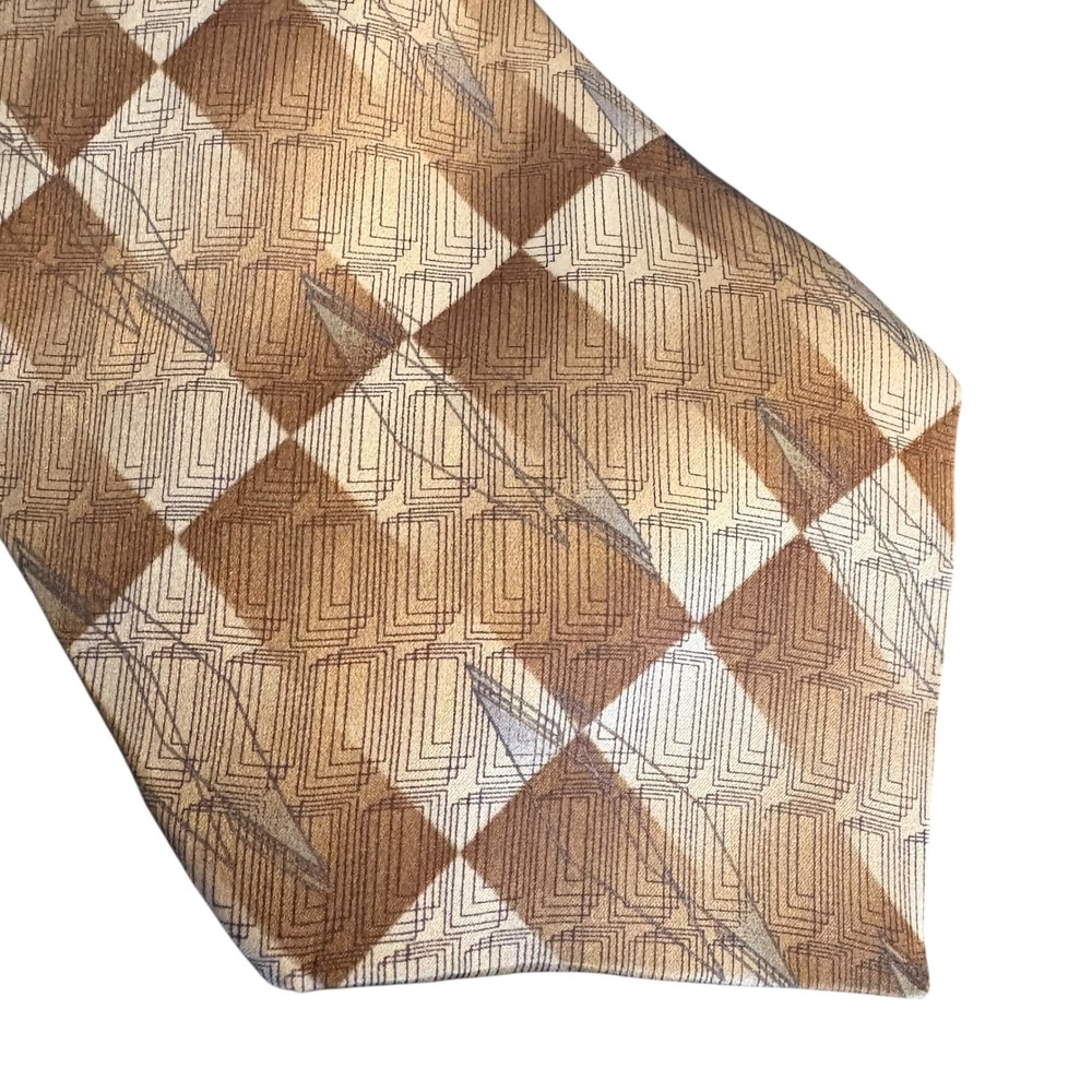 Haggar Black Label Silk Tie Geometric Brown Tan Checkerboard Extra Long retro